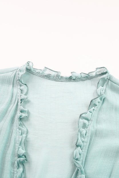 Gray Ruffled Trim Half Sleeve Open Front Kimono