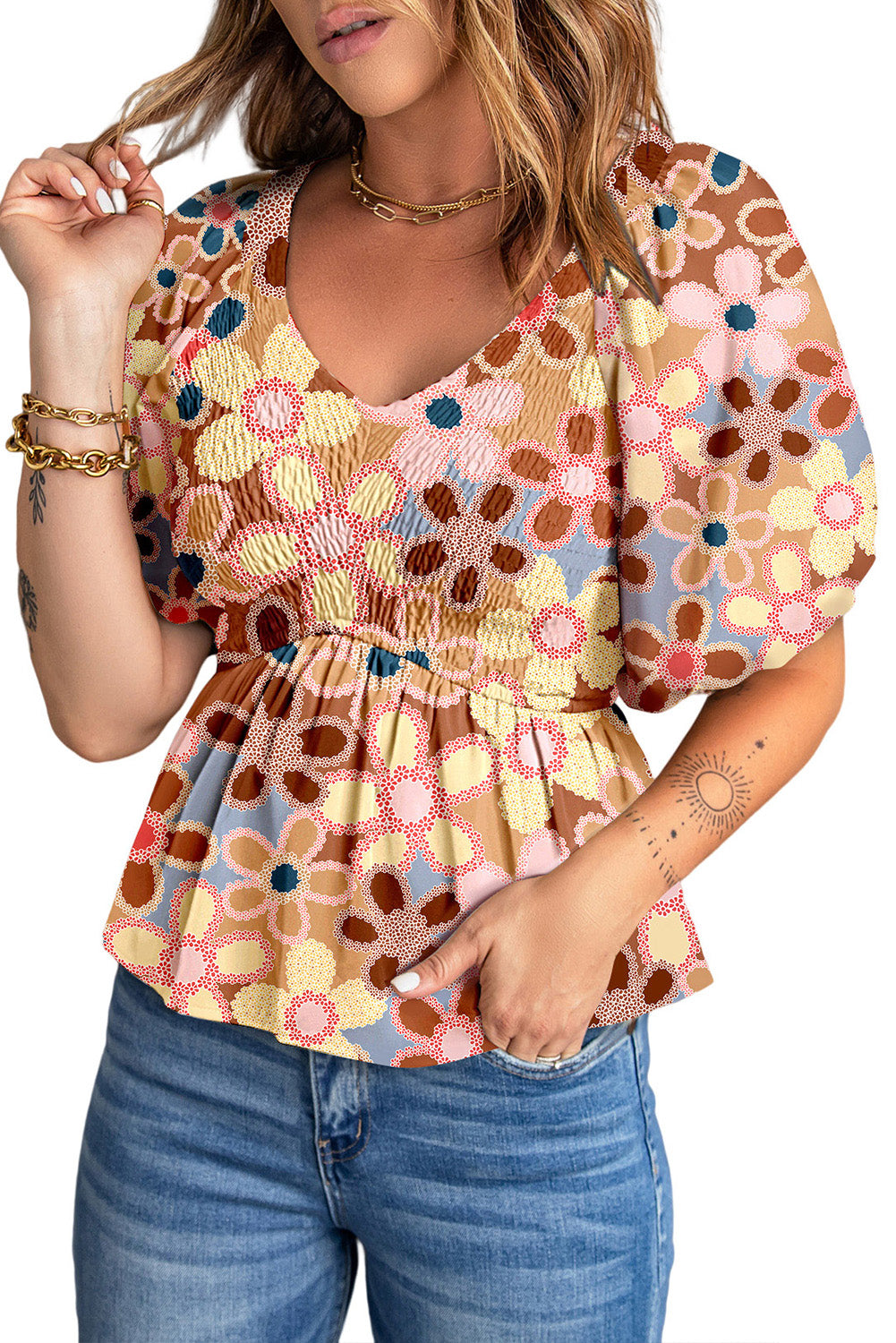 Multicolor Floral Print Bubble Sleeve Shirt
