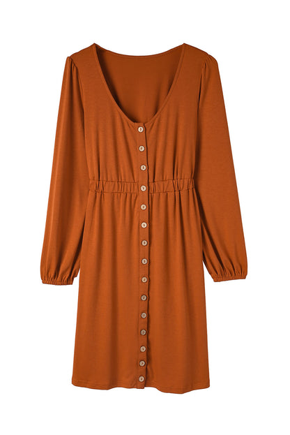 Orange Button Up High Waist Long Sleeve Dress