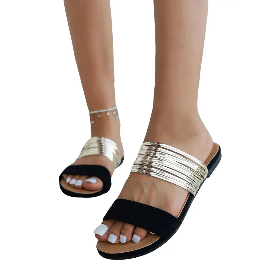 Black Suede Metallic Two Tone Flat Slippers Shoe Women Footwear Girl Walking Shoes Sandal