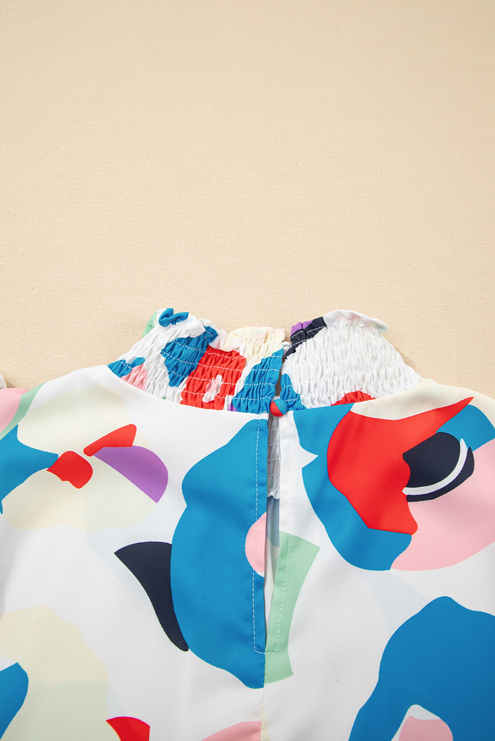 Multicolor Abstract Print Ruffle Sleeve Smocked Blouse