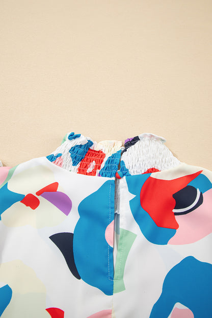 Multicolor Abstract Print Ruffle Sleeve Smocked Blouse