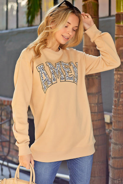 Pink AMEN Leopard Letter Print Oversized Pullover Sweatshirt