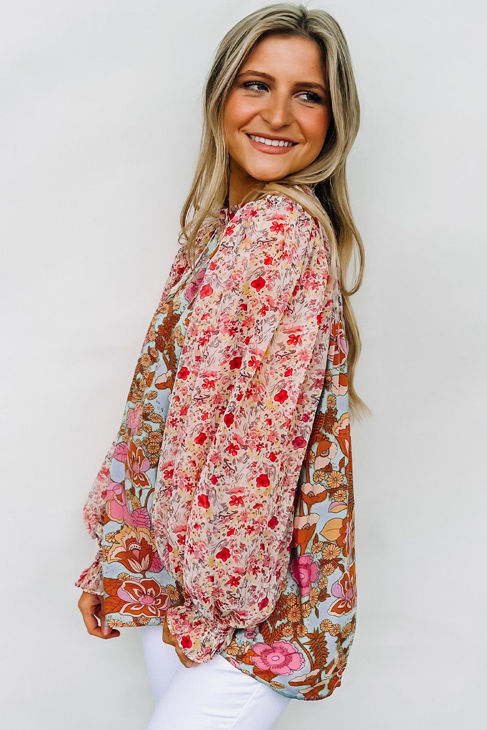 Brown Vintage Floral Smocked Bodice Flare Sleeve Tiered Long Dress