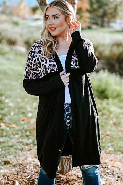 Red Printed Leopard Detail Plus Size Cardigan