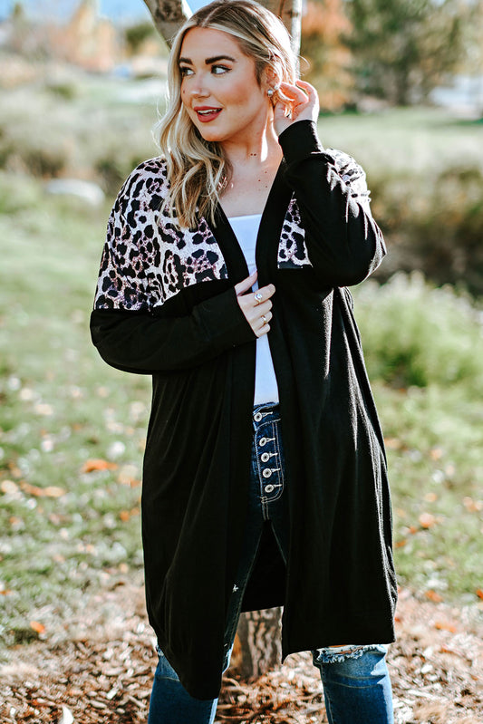 Red Printed Leopard Detail Plus Size Cardigan