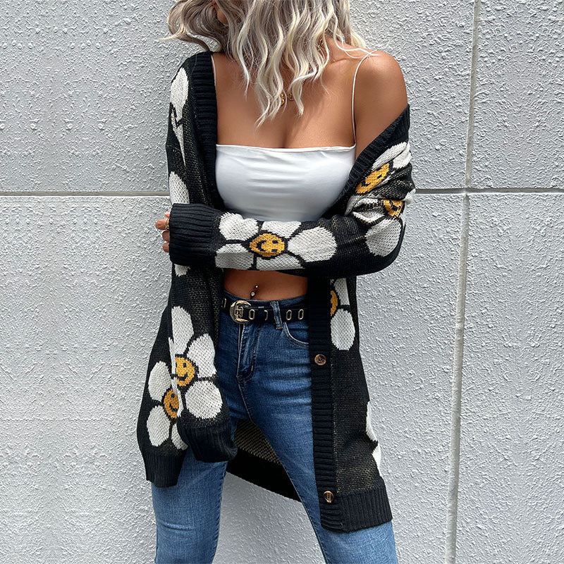 Women's Flower Long Sleeve Sweater Cardigan