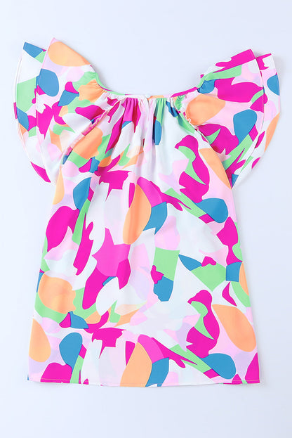 Blue Abstract Pattern Ruffle Short Sleeves Blouse