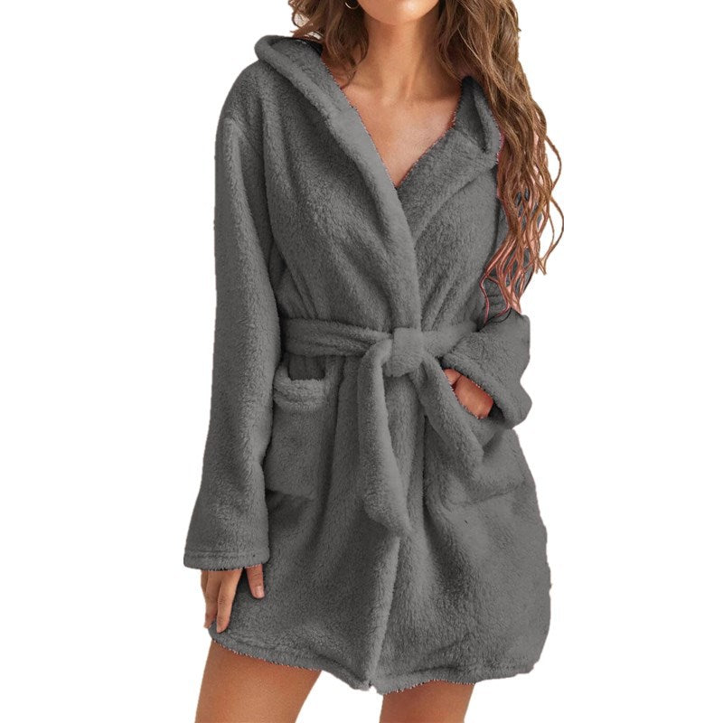 Plush Solid Color Hooded Home Warm Bathrobe Pajamas