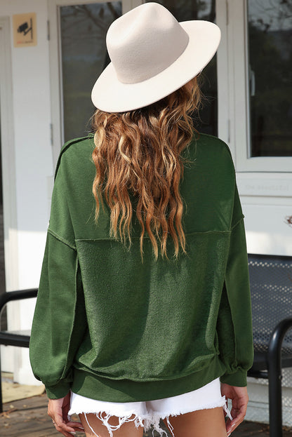 Rose Red Exposed Seam Button Neck Wide Sleeve Tunic Top