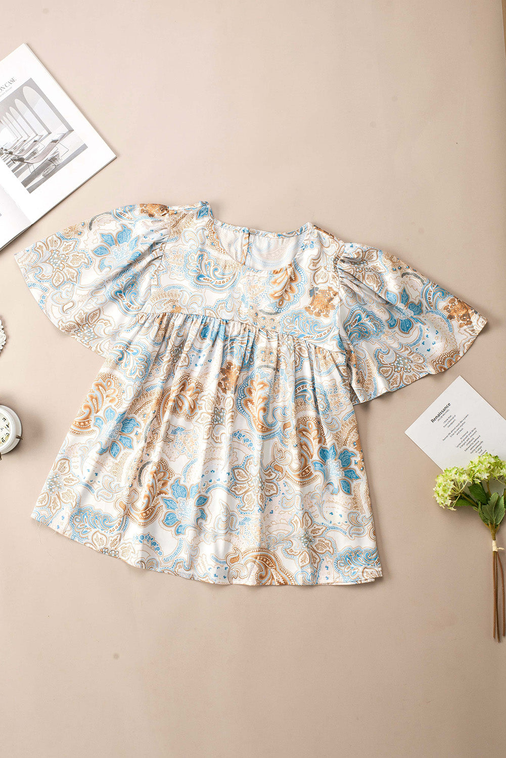 Sky Blue Paisley Pattern Print Drawstring V Neck Blouse