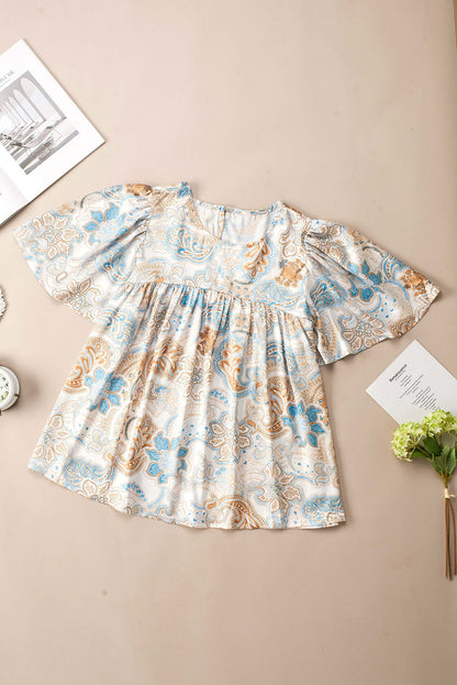 Sky Blue Paisley Pattern Print Drawstring V Neck Blouse