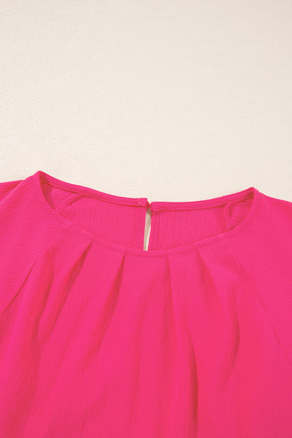 Strawberry Pink Floral Embroidered Flutter Sleeve Pleated O Neck Plus Size Blouse