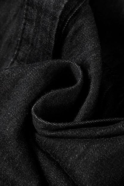 Black Chambray Ruffled 3/4 Sleeve Tiered Split V Neck Mini Dress