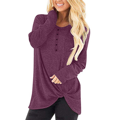 Solid Color Pullover Ladies Round Neck Pocket Long Sleeve Twisted Top