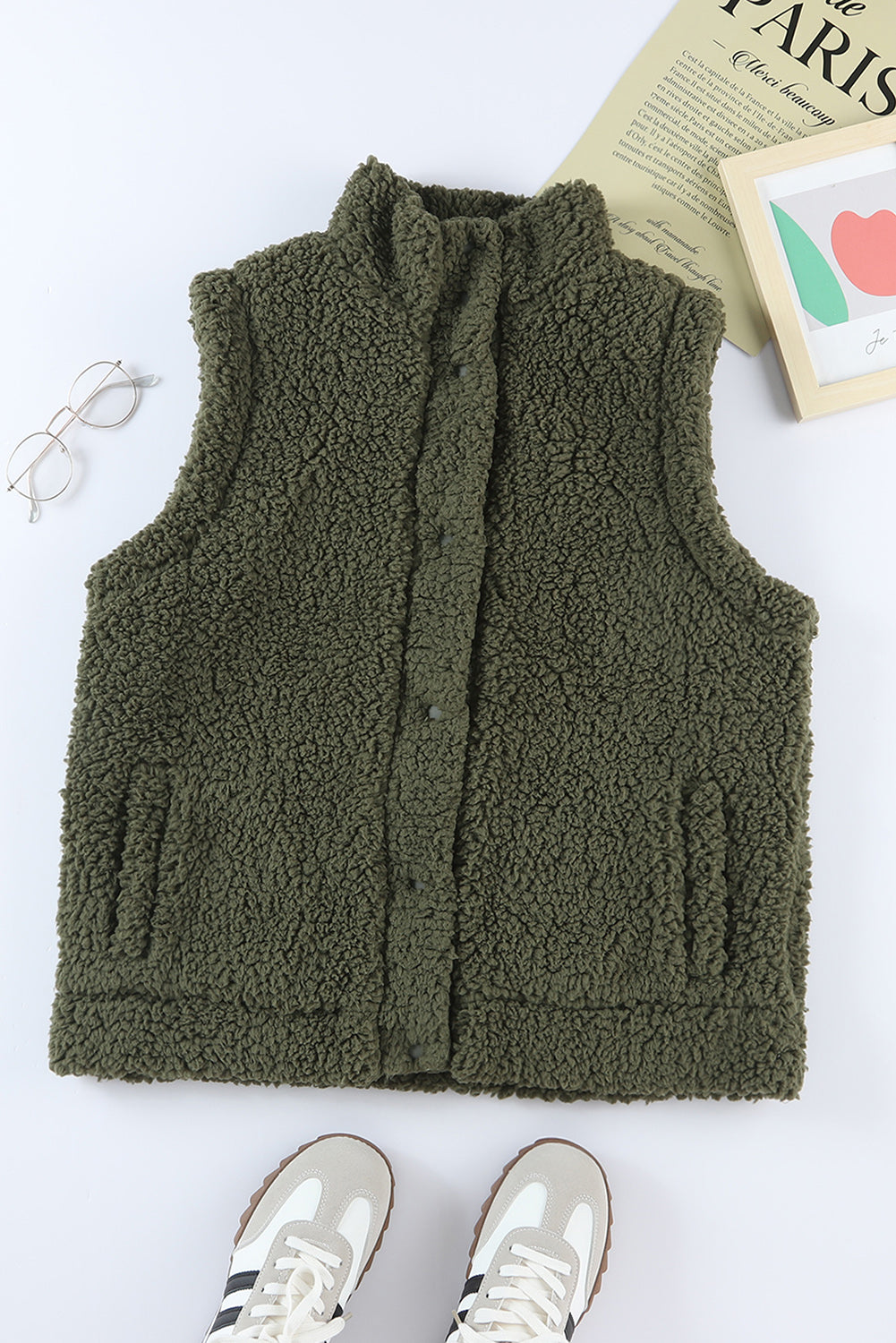 Khaki Plus Size Pocketed Sherpa Vest