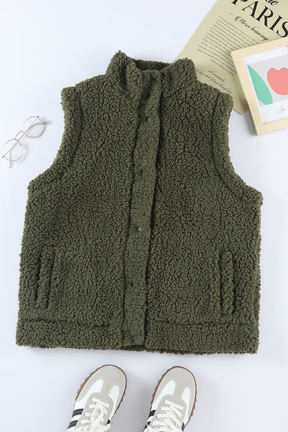 Khaki Plus Size Pocketed Sherpa Vest
