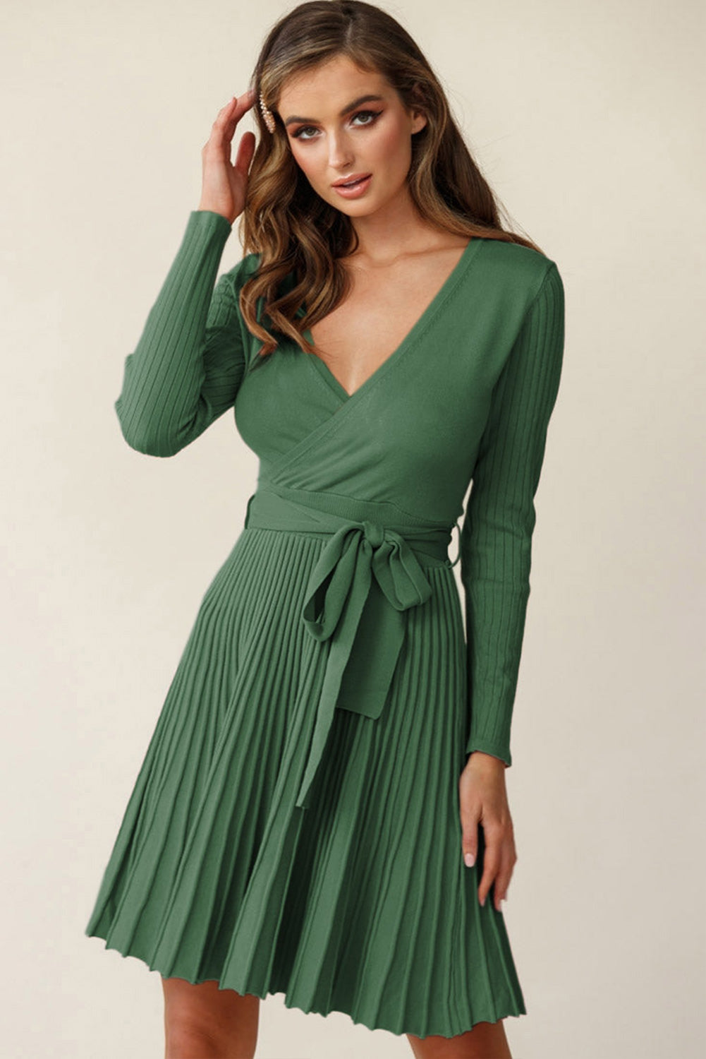 Black Belted V Neck Ribbed Pleated Sweater Dress