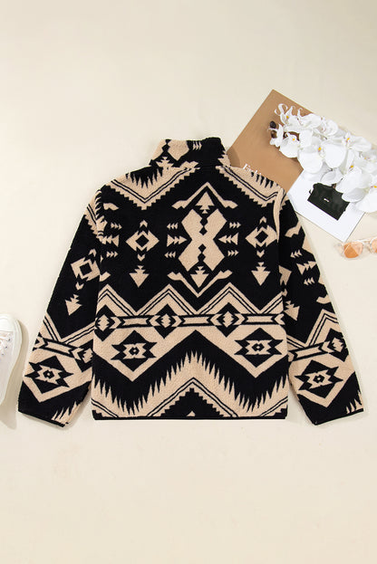 Black Plus Size Western Aztec Pattern Half Button Collared Plush Sweatshirt