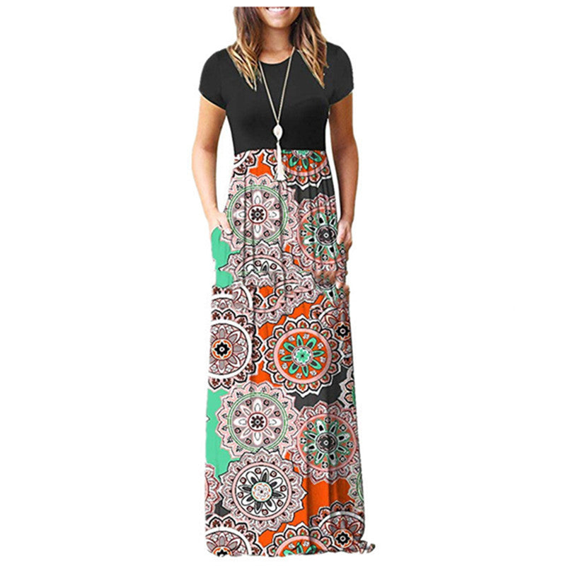 Dress Round Neck Short Sleeve Printed Waist-controlled