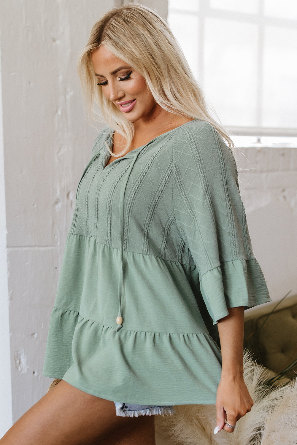 Laurel Green Tie Split Neck Textured Ruffle Patchwork Blouse