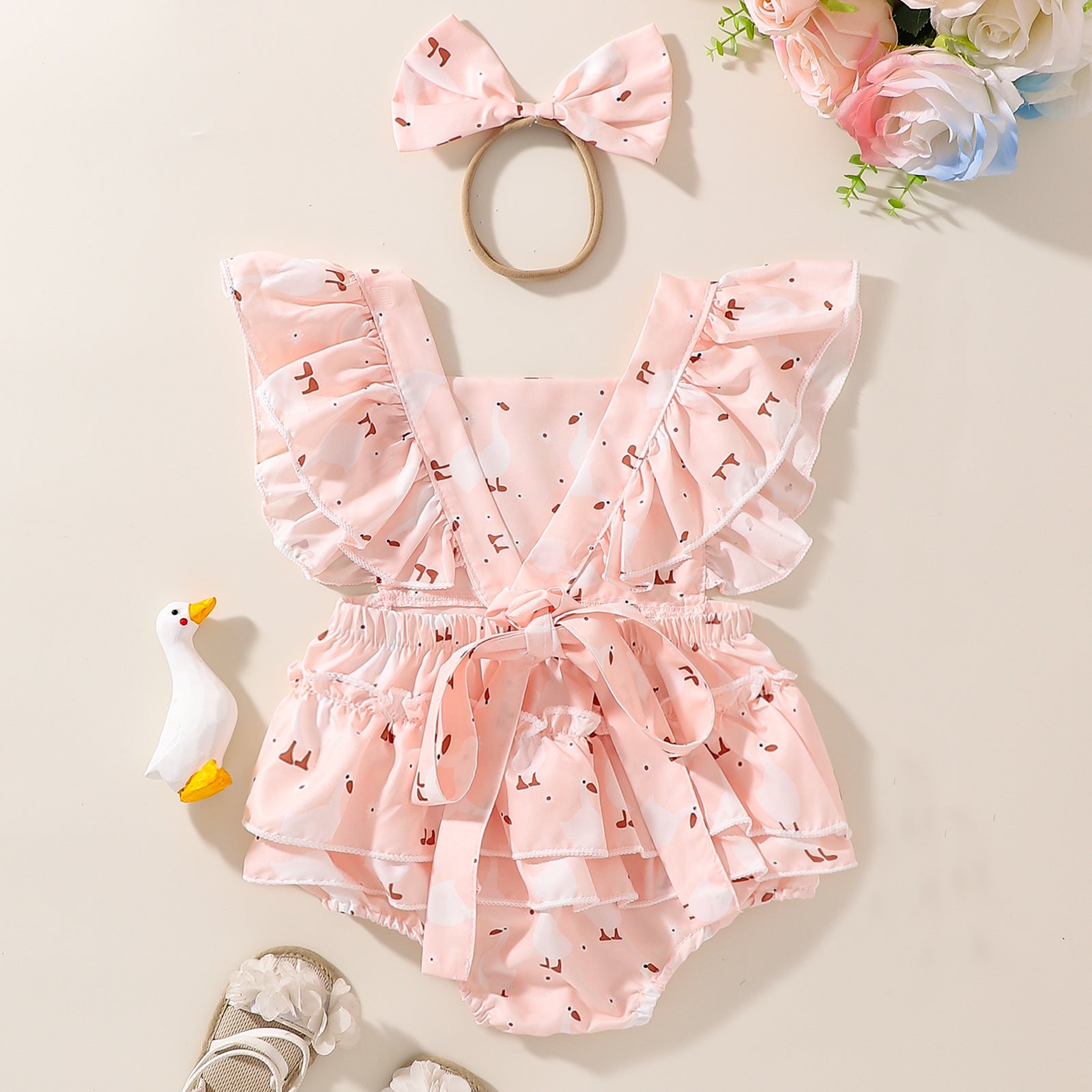 Cartoon Duck Flounced Sleeve Romper Hair Band Set