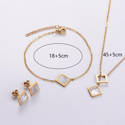Stainless Steel Niche Temperament Lucky 18K Square Ear Studs Bracelet Necklace