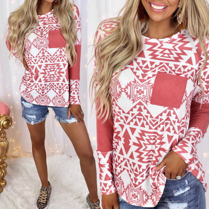 Spliced Printed Long-Sleeved Pocket Casual Top T-Shirt