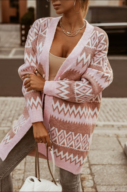 Diamond Shaped Check Color In The Long Knitted Cardigan