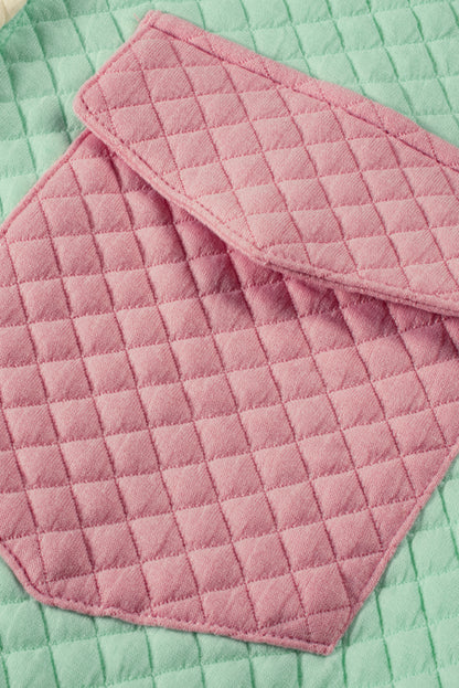 Green Color Block Patchwork Flap Pocket Quilted Shacket