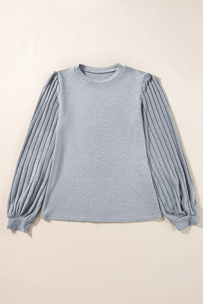 Light Grey Buttoned V Neck Ribbed Puff Sleeve Top