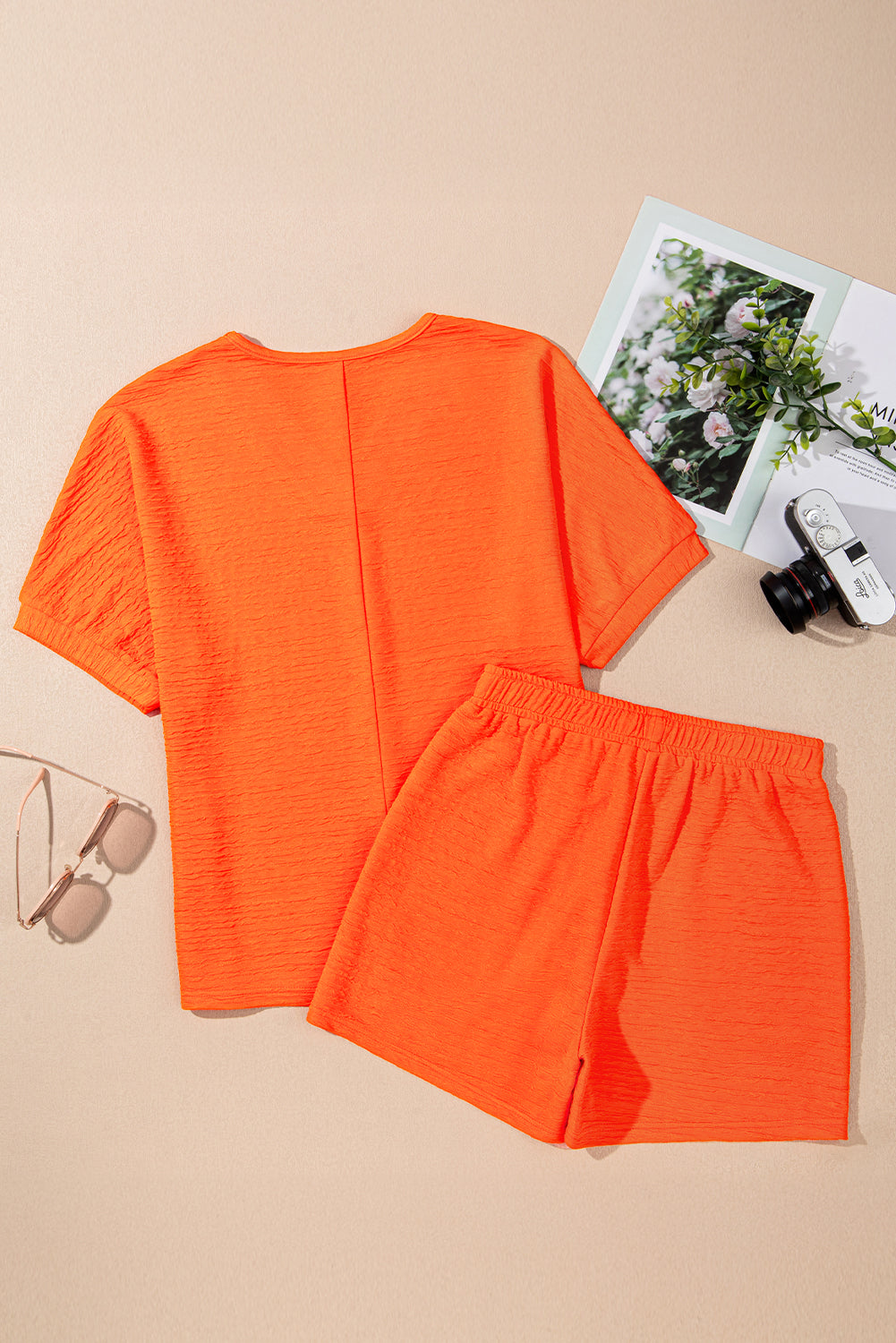 Orange Textured V Neck T Shirt and Shorts Set