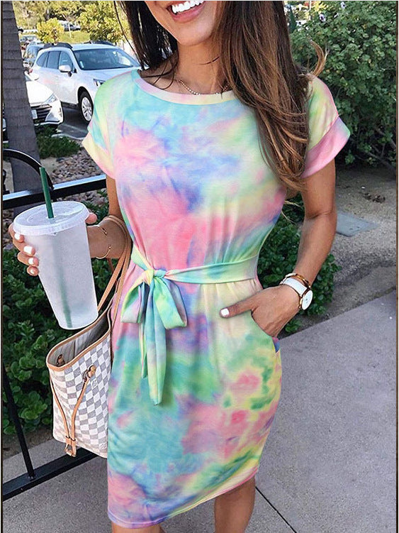 Foreign Trade Women's Clothing Striped Plastic Waist Bandage Sweet Dress