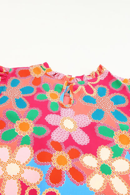 Multicolor Floral Print Smocked Square Neck Ruffles Blouse