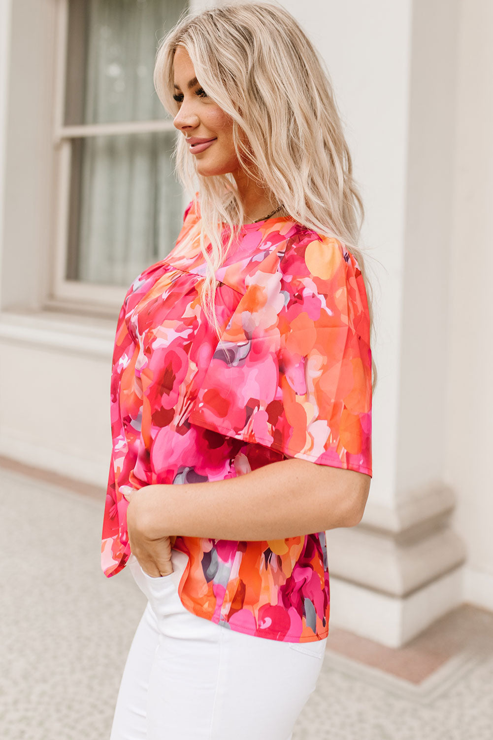 Red Floral Print Wide Sleeve Blouse