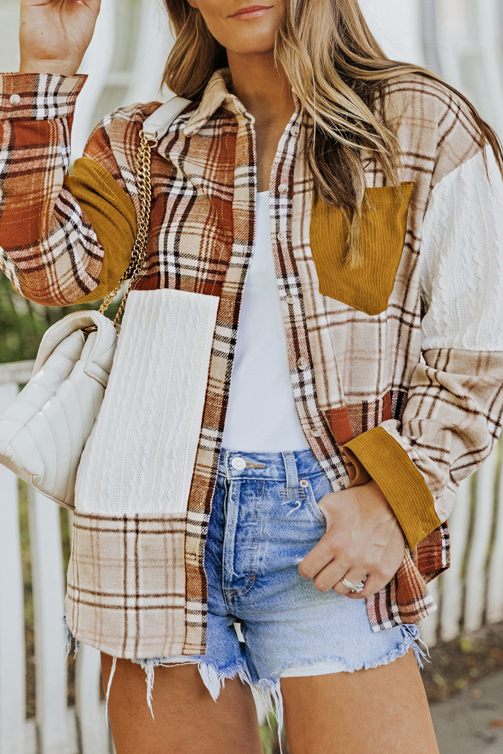 Orange Plaid Color Block Patchwork Shirt Jacket with Pocket