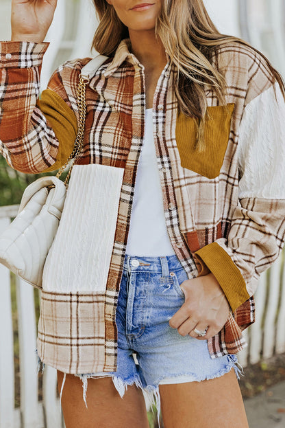 Orange Plaid Color Block Patchwork Shirt Jacket with Pocket