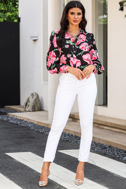 Multicolor Swirl Color Block Print Lantern Sleeve Shirt