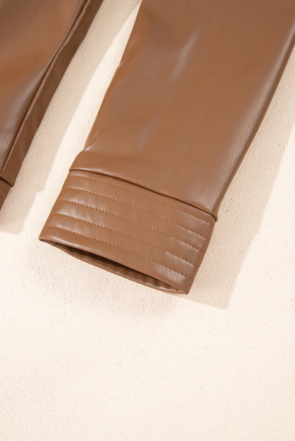 Chestnut Solid Faux Leather Zipper Slim Fit Jacket