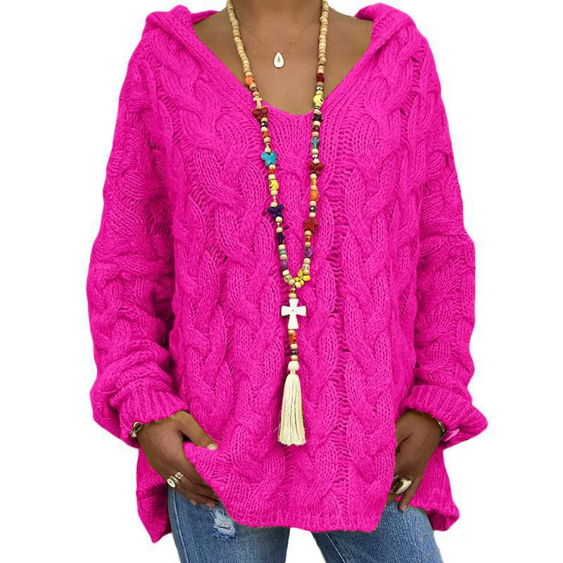 Solid Color Twist Knitted Hoodie Sweater For Women