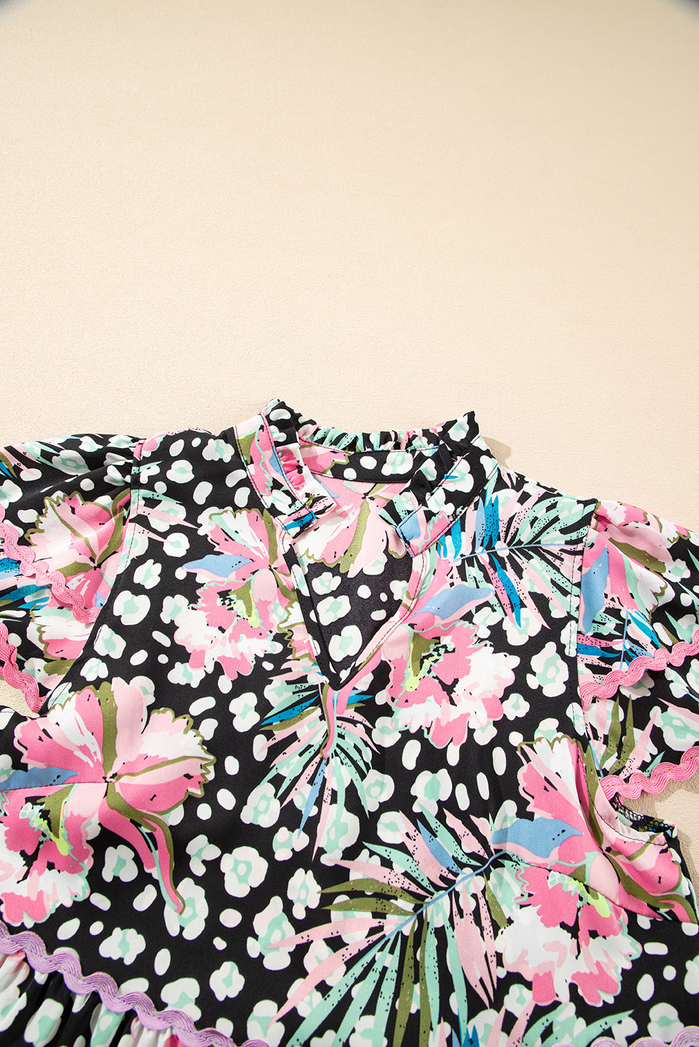 Pink Leopard Floral Print Wavy Embellished Mini Dress