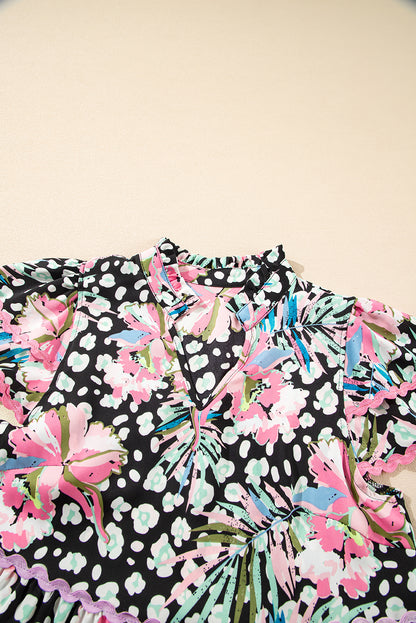 Pink Leopard Floral Print Wavy Embellished Mini Dress