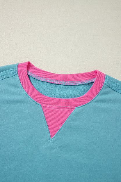 Light Blue Colorblock Patchwork Crew Neck Loose Sweatshirt