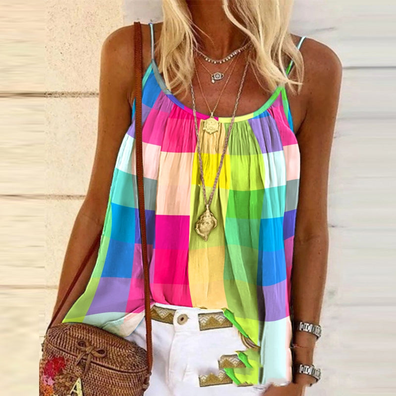 Women's Sling Color Plaid Printed Top