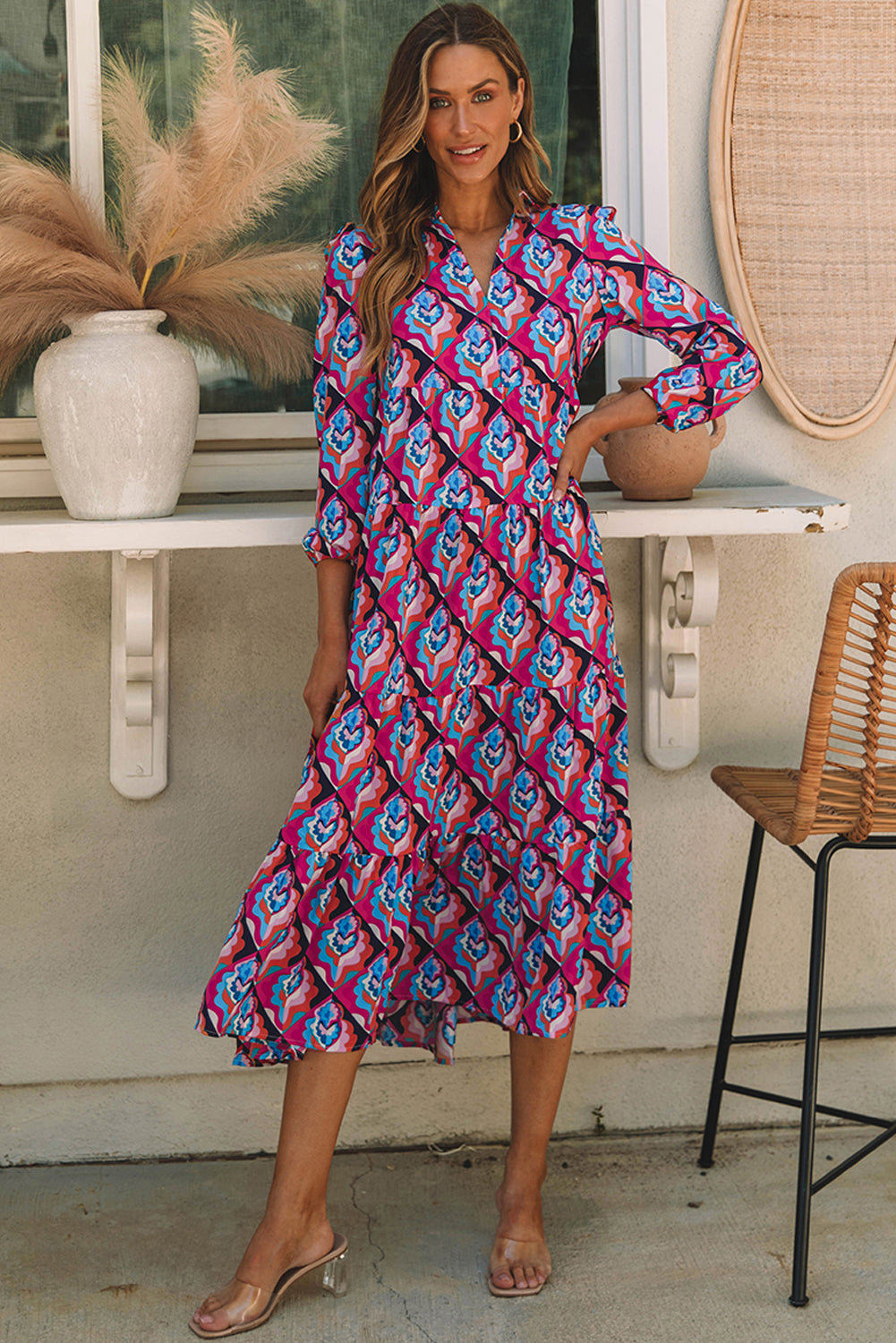 Multicolor Abstract Geometric Print Long Sleeve High Waist Dress