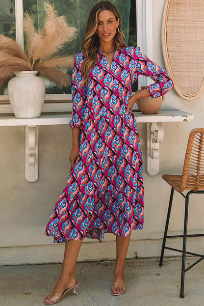 Multicolor Abstract Geometric Print Long Sleeve High Waist Dress