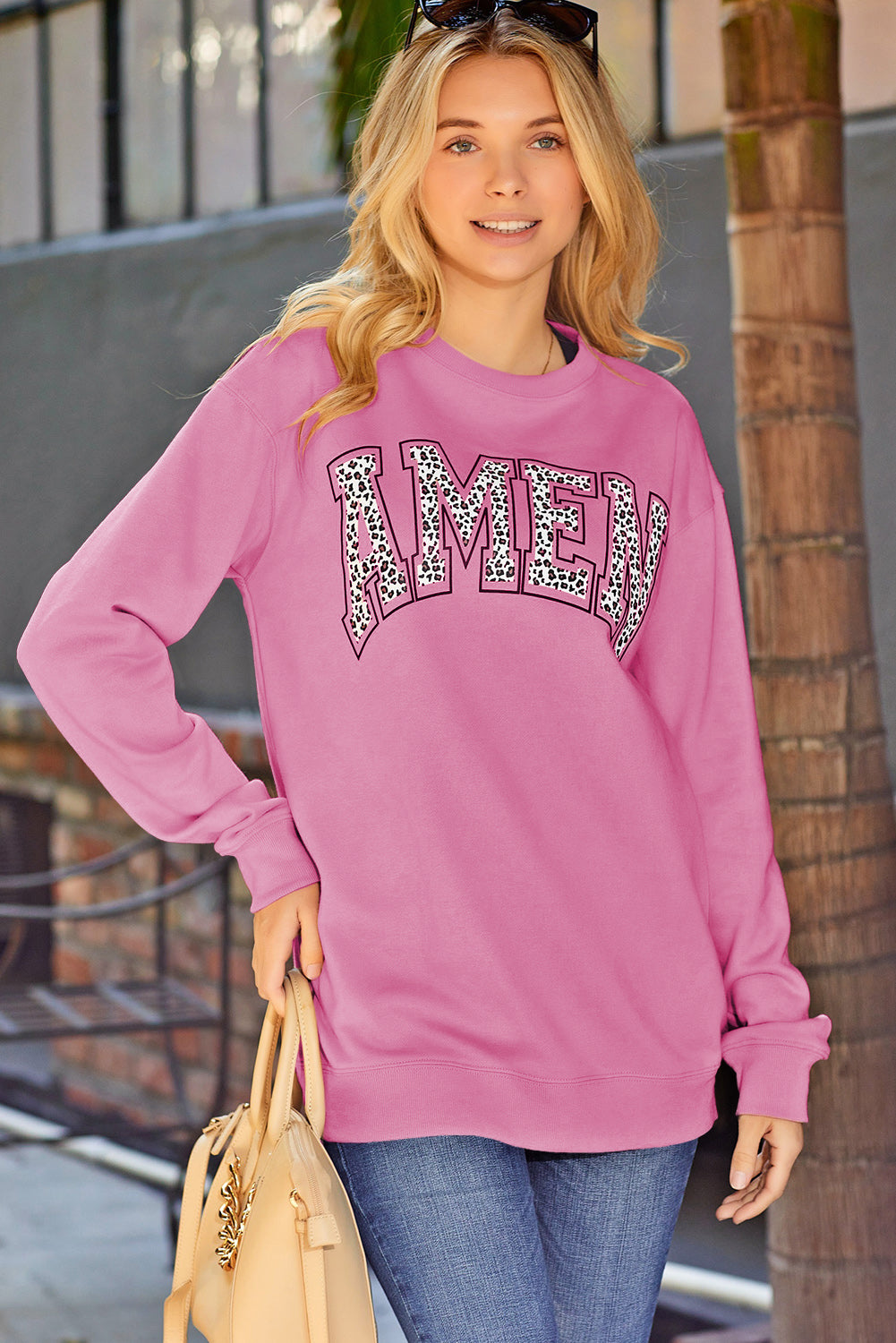 Pink AMEN Leopard Letter Print Oversized Pullover Sweatshirt