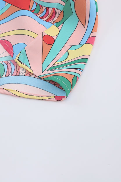 Multicolor Geometric Print Split Neck Ruffle Tiered Mini Dress