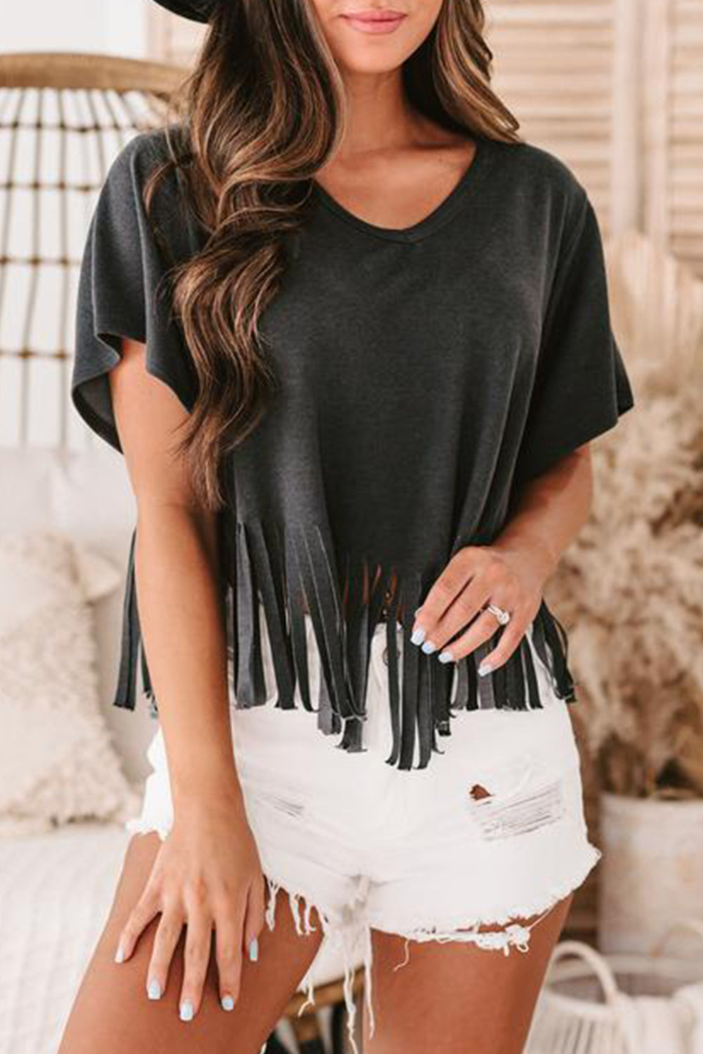 Red Fringe Hem V Neck T Shirt