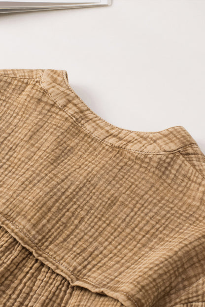 Light Blue Plus Size Split Neck Buttons Crinkled Blouse